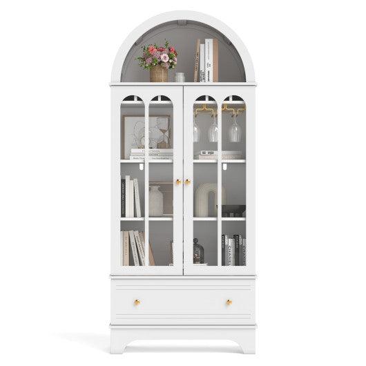 71.5 Inch Arched Cabinet 5-Tier with Tempered Glass Doors and Wine Rack-White