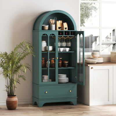 71.5 Inch Arched Cabinet 5-Tier with Tempered Glass Doors and Wine Rack-Green