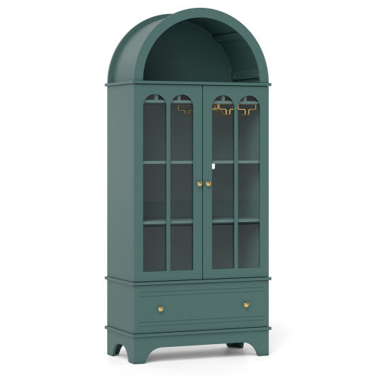 71.5 Inch Arched Cabinet 5-Tier with Tempered Glass Doors and Wine Rack-Green