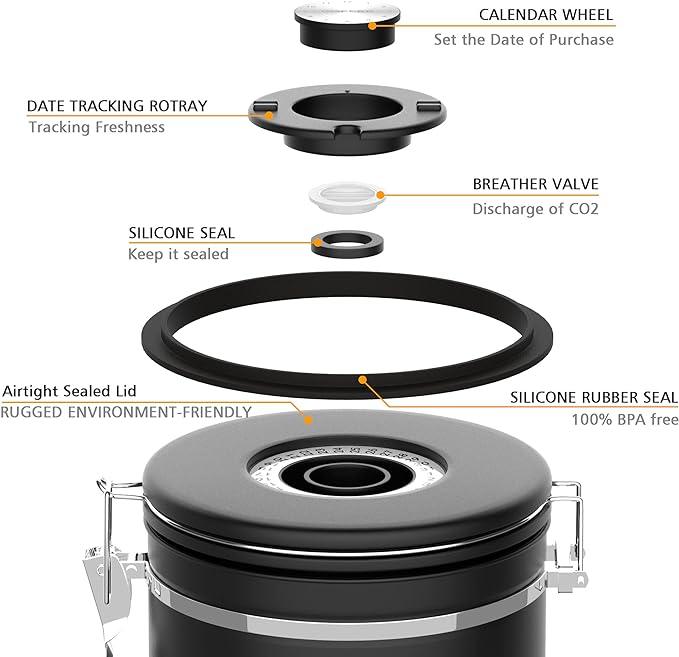 Coffee canister set for ground coffee with Date Tracker,Co2 Valve,Travel jar,Stainless Steel Kitchen Food Airtight storage container for Coffee Beans or Grounds,Tea,Sugar (16oz-Black)