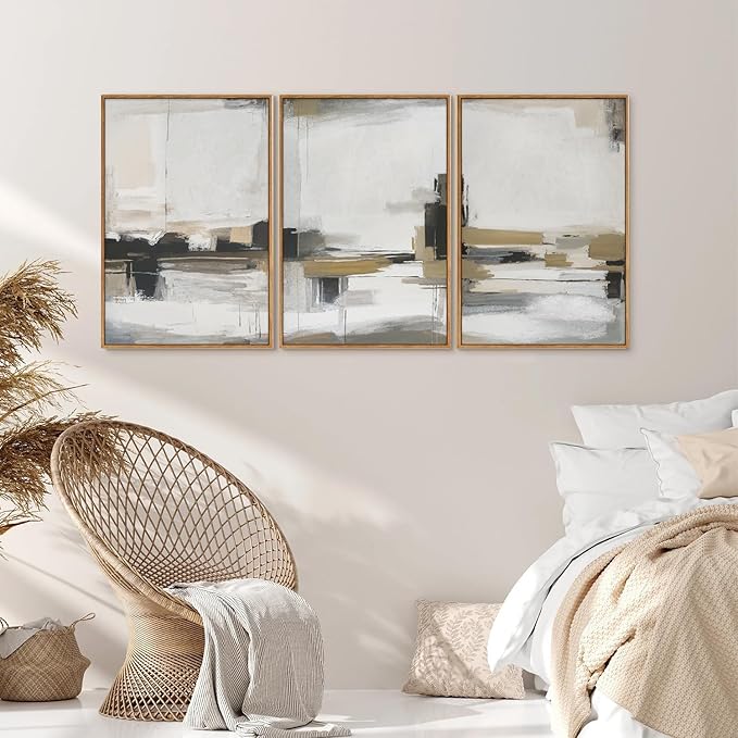 SIGNINART Beige Abstract Framed Canvas Wall Art Set, Black and White Textured Art Prints, Paint Strokes Minimalist Shapes Wall Decor, Neutral Modern Art Paintings for Living Room, Bedroom, Office 16