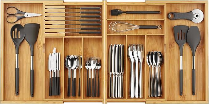 BAMEOS Expandable Silverware Drawer Organizer with Removable Knife Blocks, Bamboo Kitchen Utensil Holder from 21