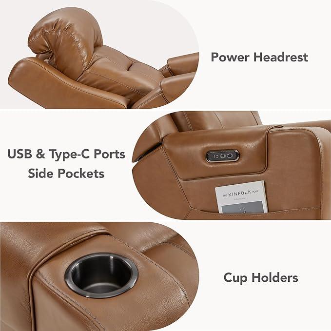 Watson & Whitely Genuine Leather Power Recliner Chairs for Adults, Lay Flat Recliner with Power Headrest, USB Ports and Cup Holders, Electric Reclining Sofa for Living Room, Bedroom, Saddle Brown
