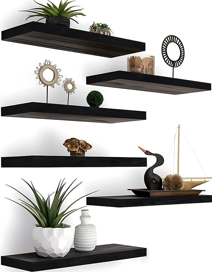 Wood Floating Shelves for Wall Decor, Rustic Wall Shelves for Bedroom Bathroom Kitchen Living Room, Set of 6 Black