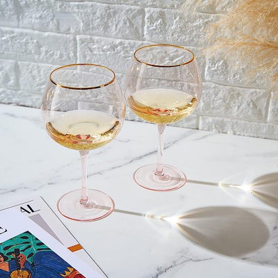 Colored Blush Pink & Gilded Rim Wine Glassware, Large 23oz Cocktail & Champagne Glasses 2-Set Vibrant Color Gold Vintage Stemmed Wine Glass, Gift Idea, Red & White - Perfect Gifts, Gorgeous Gift Box