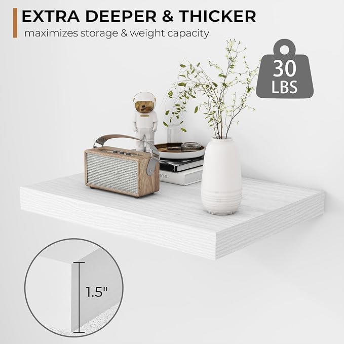 Fun Memories Floating Shelves - 2 Pack 12 Inch Deep Rustic Wooden Wall Shelves - Extra Deeper & Thicker Wall Mounted Storage Shelf for Living Room, Kitchen, Farmhouse - 16