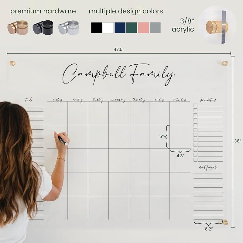Personalized Clear Acrylic Calendar for Wall, Calendar Whiteboard for Wall, Dry Erase Wall Calendar, Wall Calendar Organizer System for Home (Cursive, White, 47.5