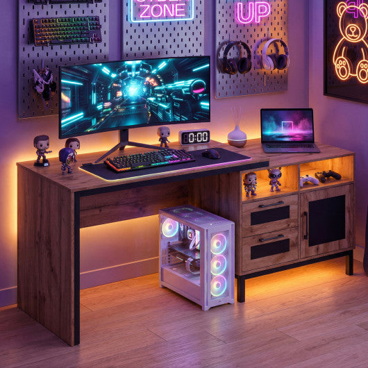 71-Inch Computer Table with Open Compartments and Drawers-Natural
