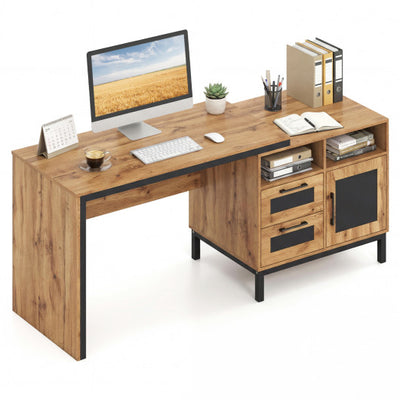 71-Inch Computer Table with Open Compartments and Drawers-Natural