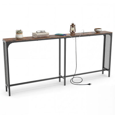 71 Inch Narrow Console Table with Power Outlet for Small Space-Rustic Brown