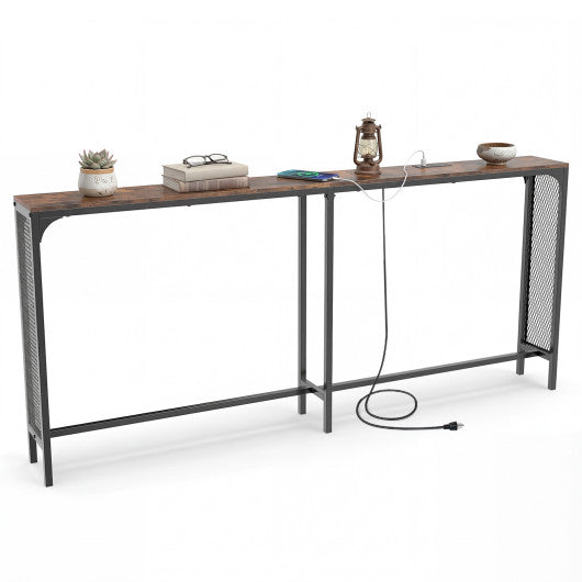 71 Inch Narrow Console Table with Power Outlet for Small Space-Rustic Brown