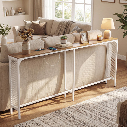 71 Inch Narrow Console Table with Power Outlet for Small Space-Natural