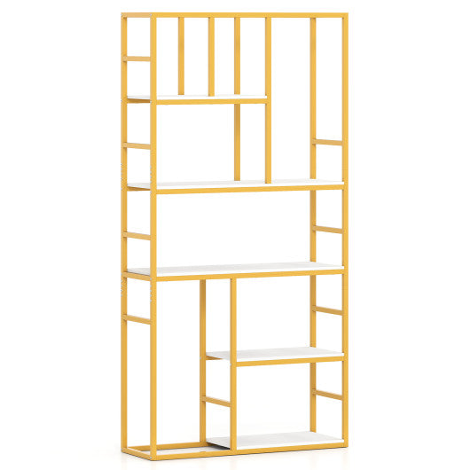 71 Inch Tall Bookshelf Metal Frame 5-Tier Geometric Bookcase-White & Golden