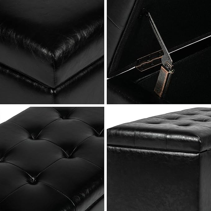 Asense Storage Ottoman Bench, Faux Leather Upholstered End of Bed Bench with Safety Hinge Wooden Legs, for Entryway Bedroom (Black, 33.3