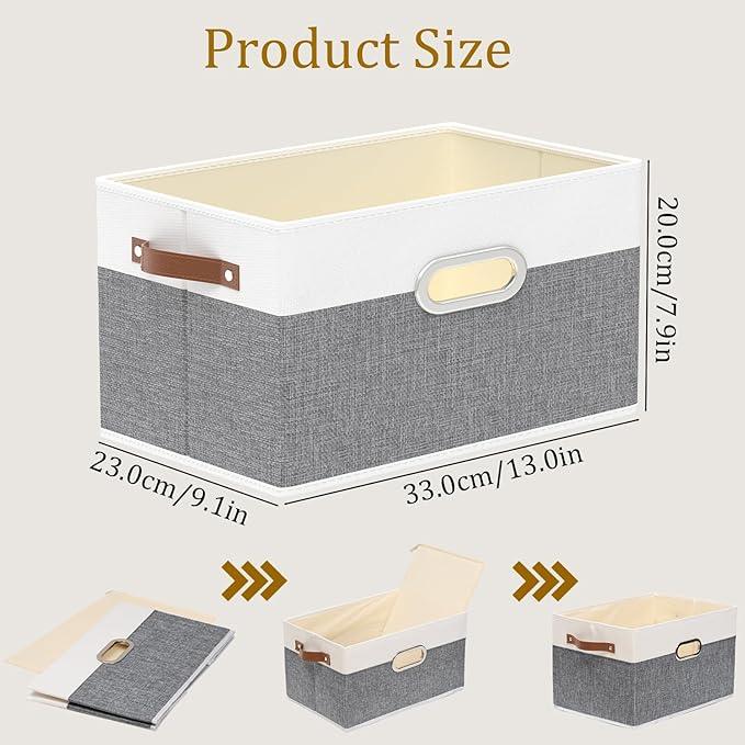 Yawinhe Fabric Storage Baskets, Foldable Closet Organizer for Shelves, Large Boxes with 3 Handles, Canvas Bins for Clothes, White/Grey, 12.99''Lx9.05''Wx7.87''H, 2-Pack