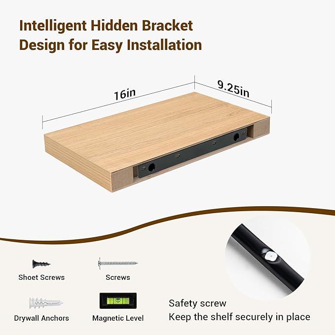 16 Inch Floating Shelves, 3D Textured Wood Grain, 16