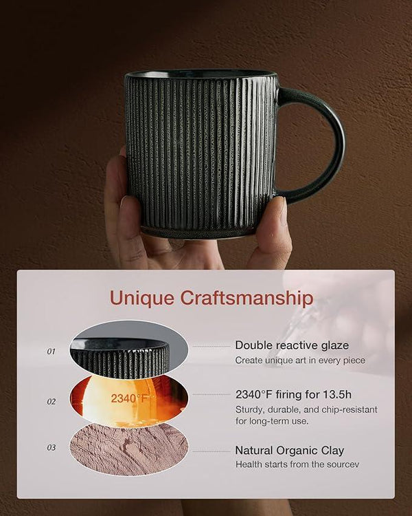 famiware Coffee Mug Set for 4, Star 12 oz Catering Mugs Cup Set with Handle for Coffee, Tea, Cocoa, Milk - Ceramic Stoneware Drinkware Set, Deep Forest