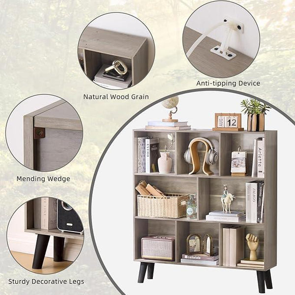 LEYAOYAO 8 Cube Bookshelf,3 Tier Bookcase with Legs,Modern Grey Mid-Century Bookshelves,Large Farmhouse Open Storage Organizer Shelf, Retro Wooden Display Book Case for Bedroom,Living Room,Office