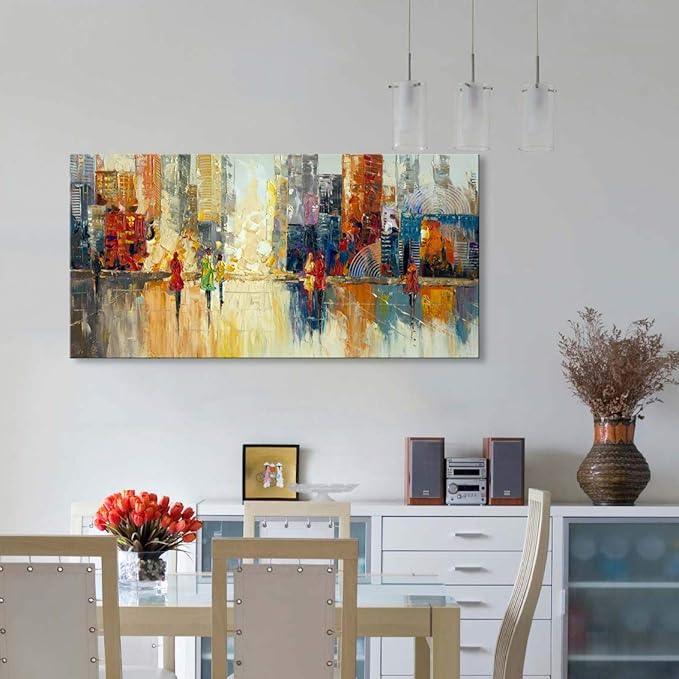Canvas Wall Art Abstract Cityscape Painting Modern New York City Artwork Lady Romantic Street Scenery Picture Home Office Decor
