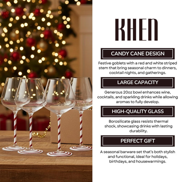Khen Holiday Candy Cane Wine Glasses Set of 2 Santa Red White Striped
