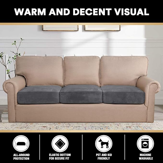 PrinceDeco Stretch Sofa Cushion Covers for Couches and Sofas,Soft Velvet Couch Seat Covers, Sofa Covers Washable, Seat Cushion Cover for 3 Couch Sofa Pet Friendly - Grey, Each Width Up to 29.5