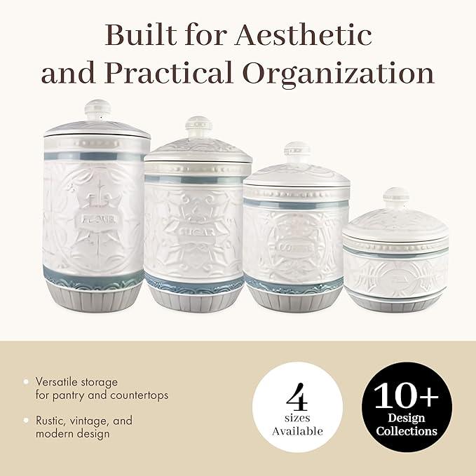 Young's Inc. 4 Pcs Set Casual Provincial Ceramic Canisters- Storage Container for Kitchen and Bathroom - Beautiful Home Decor Accent to Store Food, Coffee, Tea, and More - Green, White