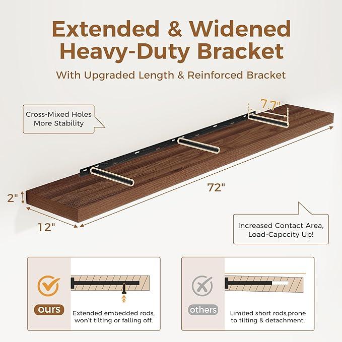 Fun Memories 72 Inch Floating Shelf, 12 Inch Deep Wall Shelf for Fireplace Mantel, Deep Storage Shelves for Home & Office, Wall Shelves with Invisible Bracket, Walnut, Set of 1