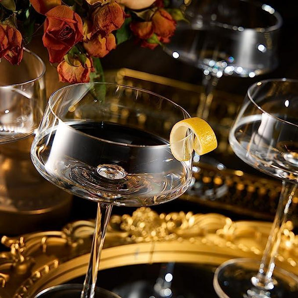 Luxury Martini Glass Set of 4 | 10oz | Crystal Luxury Martini with Silver Spoon, Premium Hand-Blown | Classic Cocktail & Champagne Clear Coupes For Manhattan, Cosmopolitan, Sidecar, Speakeasy Goblets
