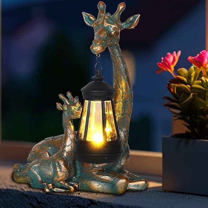 Solar Garden Decor - Mother Baby Giraffe Statue with Solar Lantern 9.7