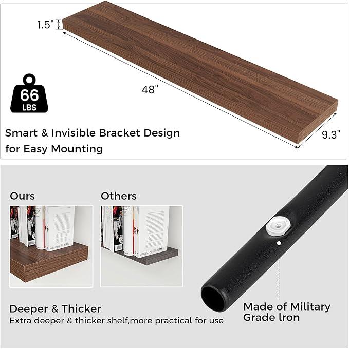 Floating Shelves - 2 Large Wall Mounted Shelves with Invisible Brackets, Long Walnut Wood Floating Wall Shelf for Living Room, Bedroom, Kitchen (48