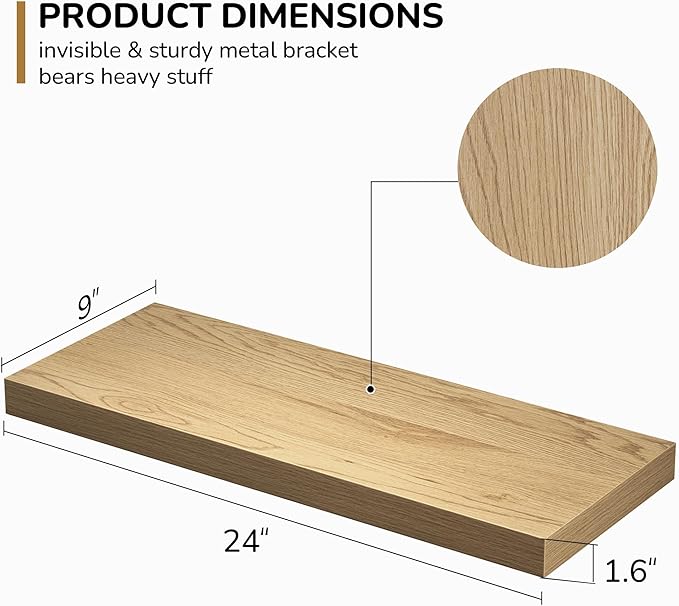 Fun Memories Floating Shelves - 24 Inch Rustic Wooden Wall Shelves - Extra Deeper & Thicker Wall Mounted Storage Shelf for Living Room, Kitchen, Farmhouse - 24
