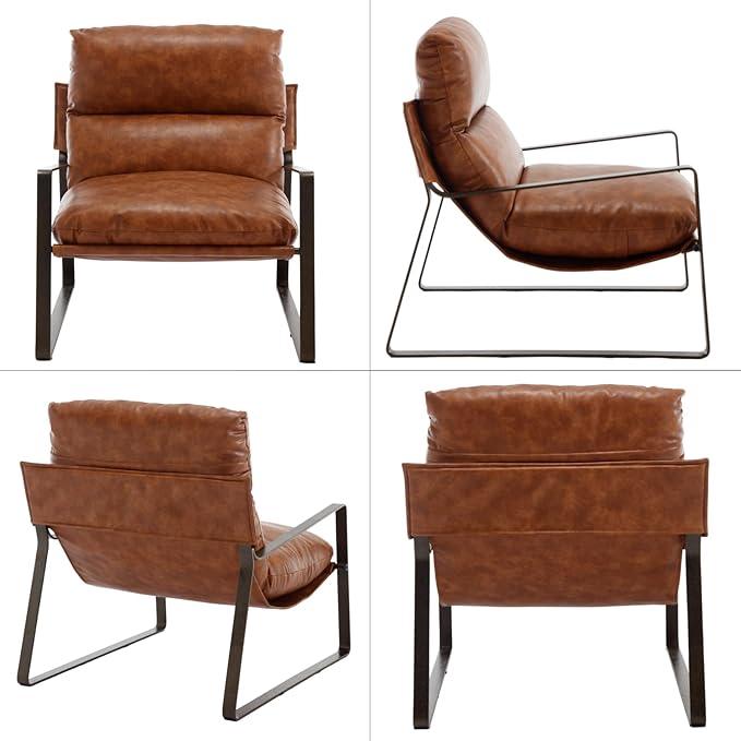 DUOMAY Mid-Century Accent Chairs Set of 2, Comfy PU Leather Leisure Chairs Lazy Chairs with Brozen Metal Leg for Living Room Bedroom Office Apartment, Brown