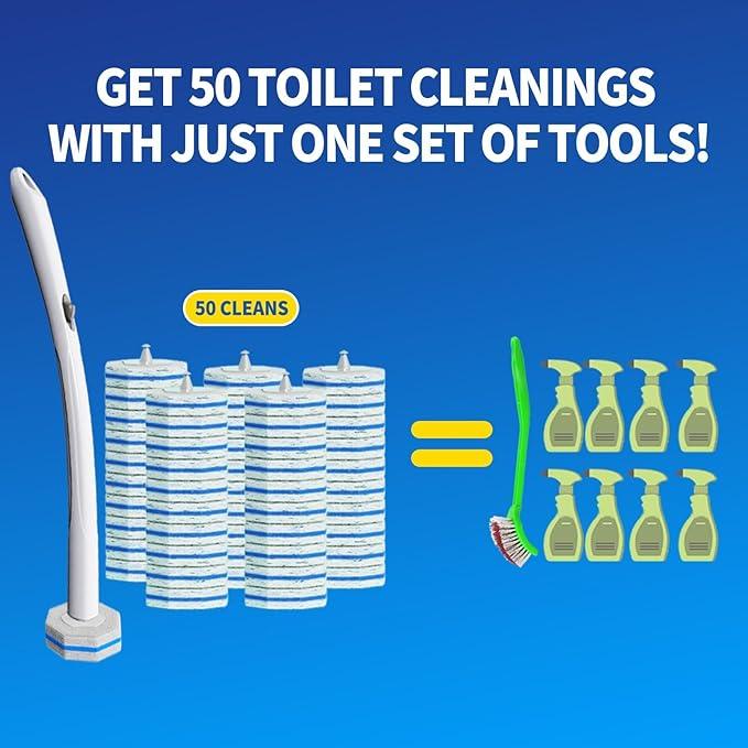 Disposable Toilet Brush Cleaning System with 50pcs Refills Pads Replacement Heads, Toilet Cleaning Stick, Wall Mounted Toliet Wand Kit Bathroom Maintenance, Toilet Bowl Cleaner Wands Holder and Set