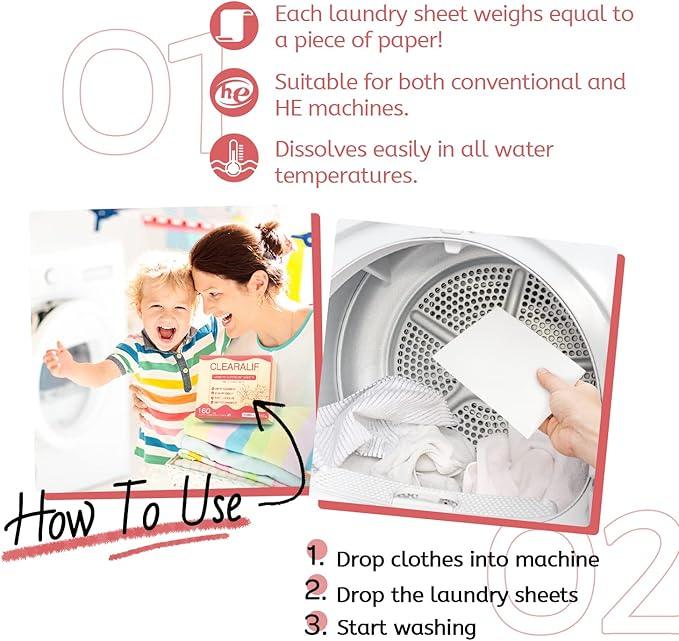 Laundry Detergent Sheets Up to 160 Loads, Magnolia - Great For Travel,Apartments, Dorms,CLEARALIF Laundry Detergent Strips Eco Friendly & Hypoallergenic - 80 Sheets