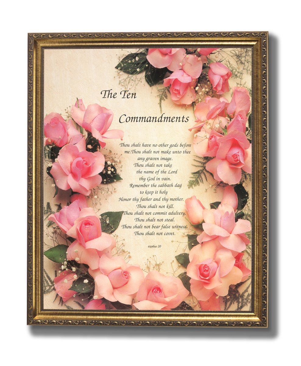 Religious Wall Art - Ten Commandments Pink Roses Gold Framed Print for Christian Home