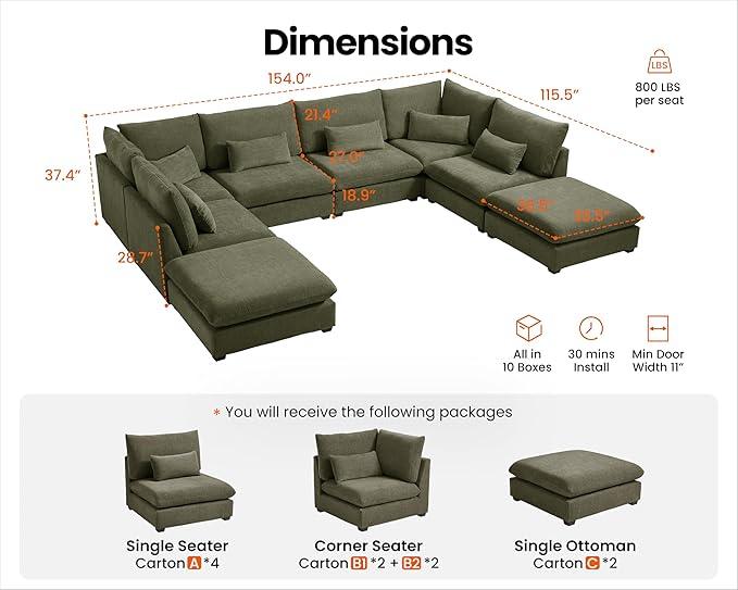 Oversized Modular Sofa, Extra Deep Cloud Corduroy Sectional Couch with Ottoman Chaise, Fluffy Chenille L-Shaped Sofas for Living Room, Villa (Sofa Bed 8 Seater, Chenille Green)