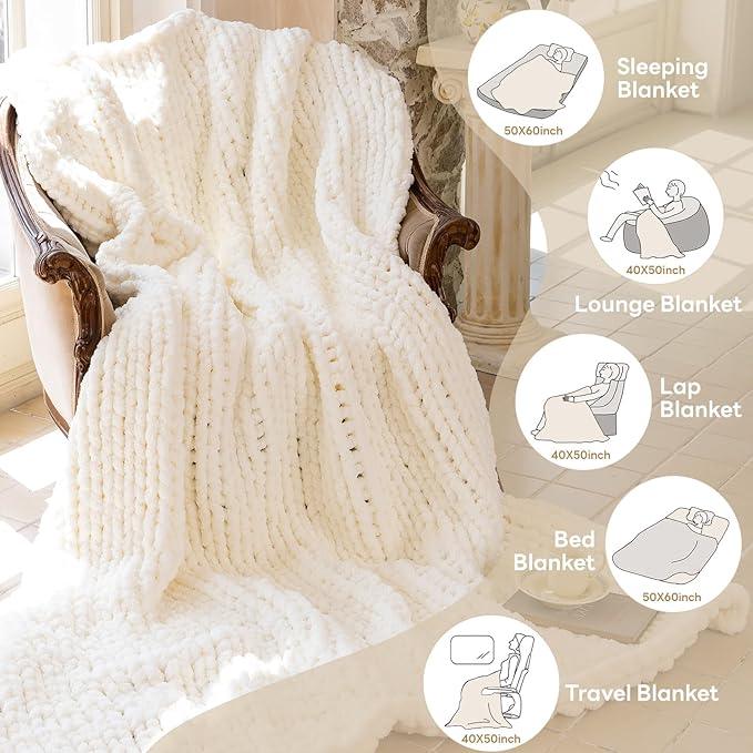 Chunky Knit Blanket - Luxury Soft Cozy 60 * 80 Throw Blanket,100% Woven Blanket Rope Knot Throw Blanket for Couch, Sofa, Home Decor, Gift - Machine Washable（Milk White）