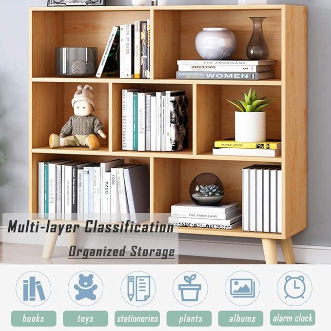 IOTXY Wooden Open Shelf Bookcase - 3-Tier Floor Standing Display Cabinet Rack with Legs, 7 Cubes Bookshelf, Pear Yellow