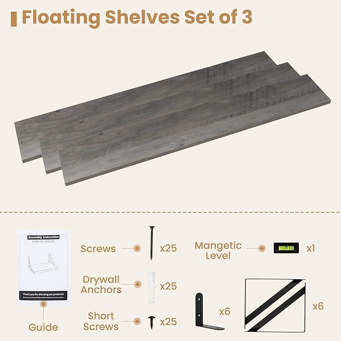 Heimlove 48 Inch Large Floating Bookshelves Set of 3,Wall Mounted Bookshelves,Heavy Duty Bracket Shelves for Living Room,Bedroom,Kitchen,Laundry Room Storage & Decor,Rustic Silver Grey