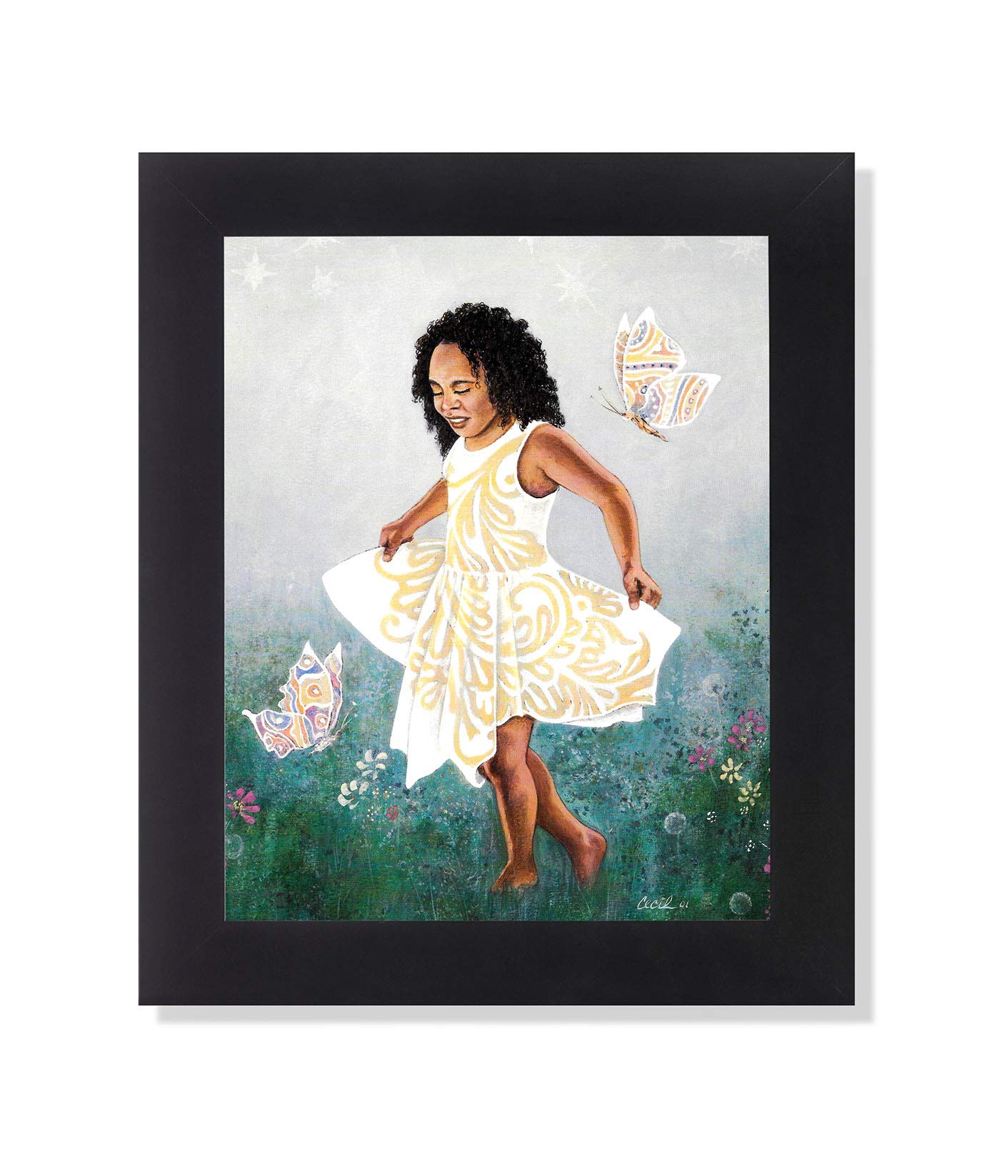 Black Framed Art Print - African American Girl 8x10 Butterfly Wall Decor