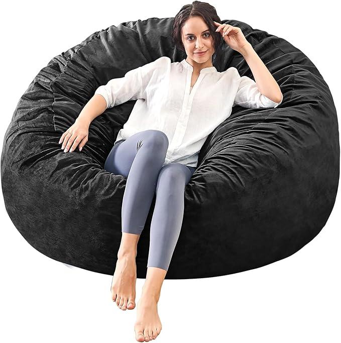 Bean Bag Chairs for Adults - Memory Foam Furniture BeanBag Chair - Kids/Teens Sofa with Soft Micro Fiber Cover - Round Fluffy Couch for Living Room Bedroom College Dorm - 5 ft, Carbon Black