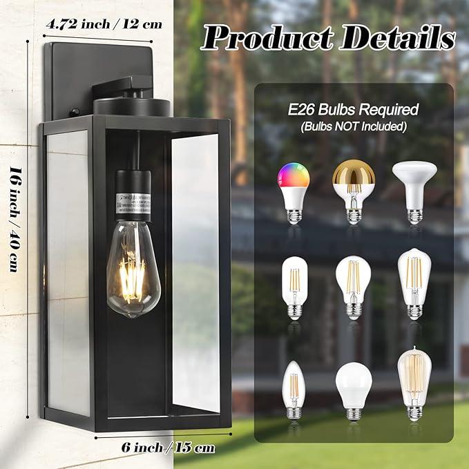 16-inch Large Outdoor Wall Light Fixture, Black Exterior Wall Lantern Waterproof, Farmhouse Porch Sconce Lighting With Glass, Modern Wall-Mounted Outside Lights for House, Garage, Patio Lamp, 2 Packs