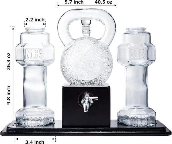 Kettlebell & Dumbbell Beer, Whiskey & Wine Dispenser Set, 40 OZ Decanter & 26 OZ Glasses - Great Weightlifting Gift, Coach, Deadlifting Powerlifting - Pourer with Spigot Mahogany Wooden Base Gym Gifts for Dad