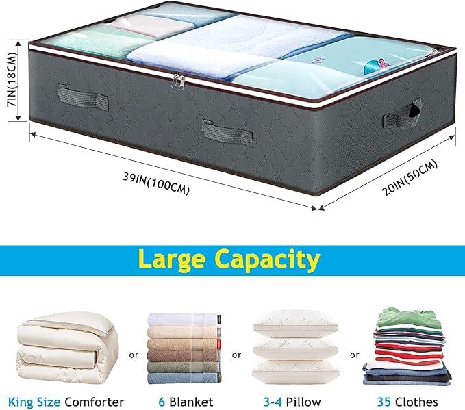 90L Under Bed Storage Containers, Underbed Toy Organizers and Clothing Storage Bags, Closet Storage Bins with Clear Window for Organizing Blanket Comforter Bedding Clothes Bedroom Dorm, 2 Pack