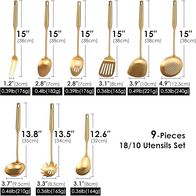 Gold Kitchen Utensils Set - 18/10 Stainless Steel Cooking Tools, 15
