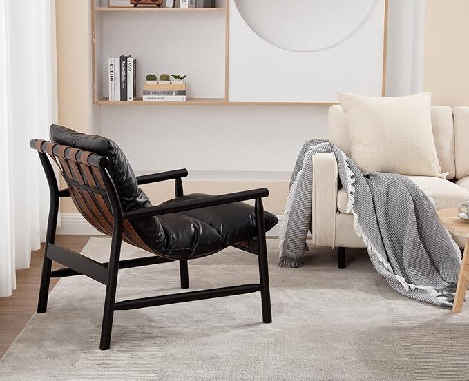Kmax Modern Sling Accent Chairs Set of 2 Upholstered PU Leather Living Room Chairs Solid Wood Frame Arm Chairs Comfy Lounge Chairsfor Bedroom, Reading Room, Black