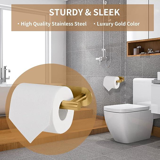 Toilet Paper Holder,Gold,Wall Mount, Upgraded Adhesive Toilet Roll Holder,no Drilling,Bathroom/Rv/Washroom,SUS 304 Stainless Steel,Rustproof (Gold, 1 Piece)