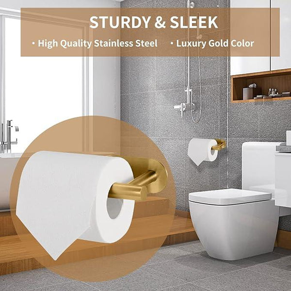 Toilet Paper Holder,Gold,Wall Mount, Upgraded Adhesive Toilet Roll Holder,no Drilling,Bathroom/Rv/Washroom,SUS 304 Stainless Steel,Rustproof (Gold, 1 Piece)