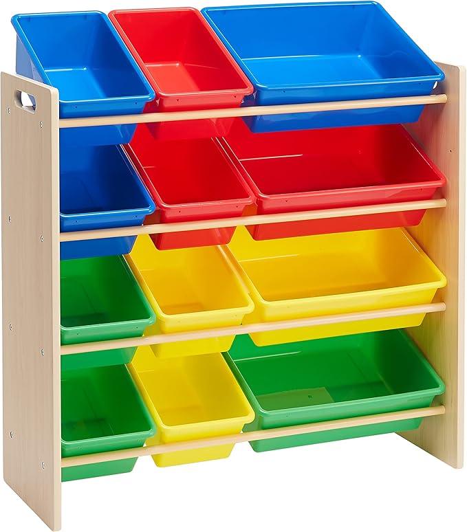 Amazon Basics Kids Toy Storage Organizer With 12 Plastic Bins, Natural Wood With Bright Bins, 10.9
