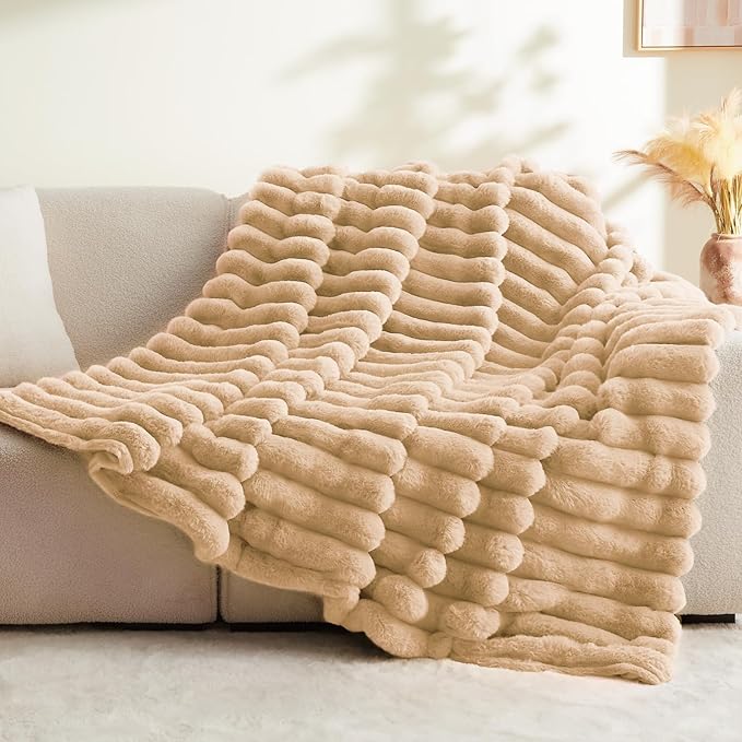 BEDELITE Faux Fur Throw Blanket for Couch, Soft and Cozy Luxurious 3D Striped Fluffy Blanket, 770GSM Thick Warm Plush Fuzzy Faux Rabbit Fur Blanket for Women Gift (Brown, 50